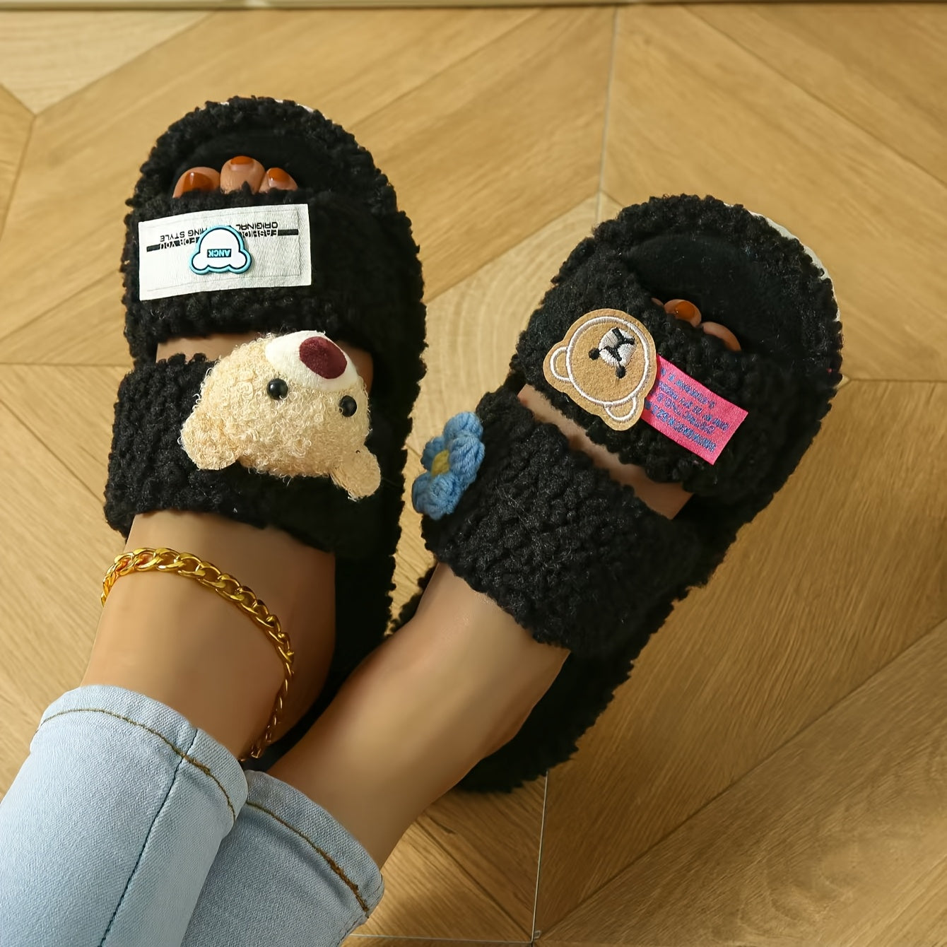 New Autumn And Winter Women'S Fluffy Slippers Designed in Dopamine Colors with Cartoon Bear Patches And Flat Non-Slip Soles.