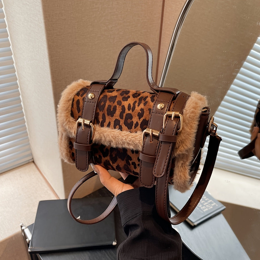 Fashion Leopard Print Crossbody Bag, Faux Leather Shoulder Messenger Handbag, Chic Solid Color with Faux Fur Trim, with Magnetic Closure and Polyester Lining, for Occasion-Ready Accessory