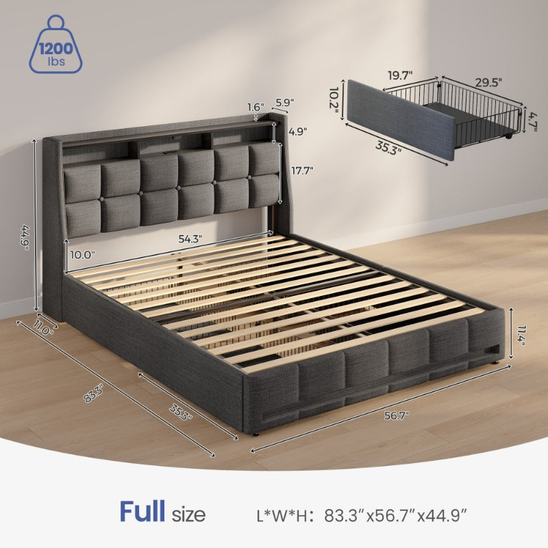 Bed Frame, Storage Headboard with Charging Station & LED Lights Bed Storage Headboard & Drawers, Heavy Duty Wood Slats, Easy Assembly