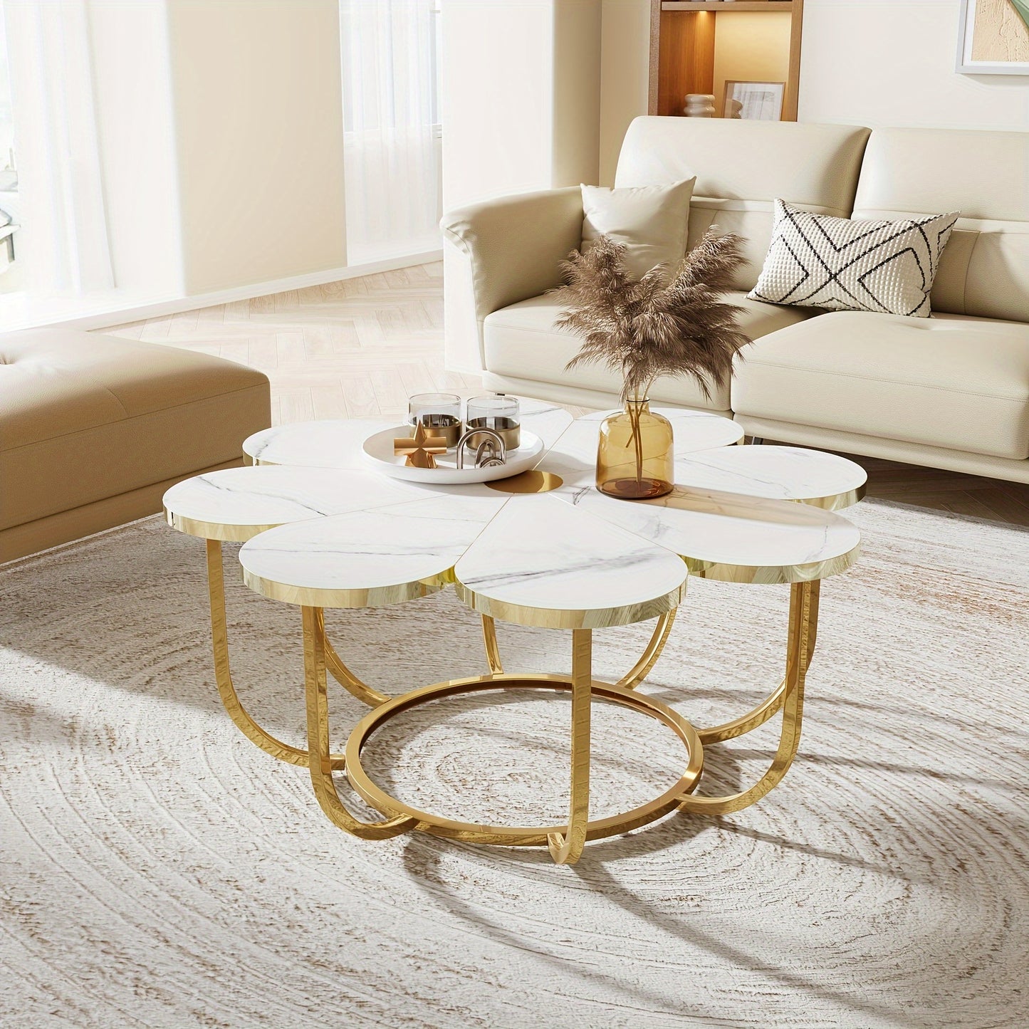 Petal shaped living room central coffee table, modern white Golden decorative table, 39.37 inch floral center table, suitable for living room, bedroom, and lounge, uniquely designed furniture, living room furniture.