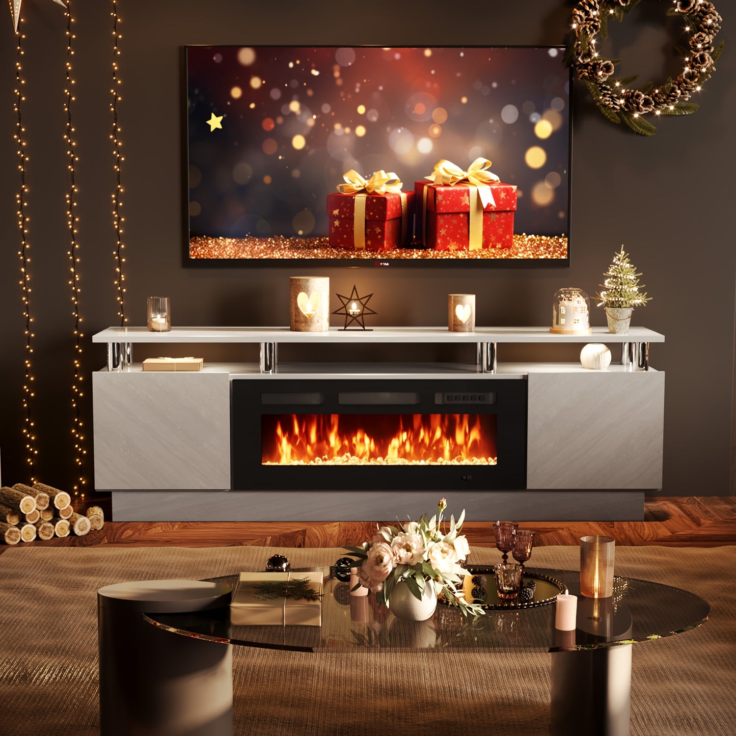 70" Fireplace TV Stand with 36" Electric Fireplace, 2-Tier LED Entertainment Center for TVs Up to 80", Ideal for Living Room,, Grey