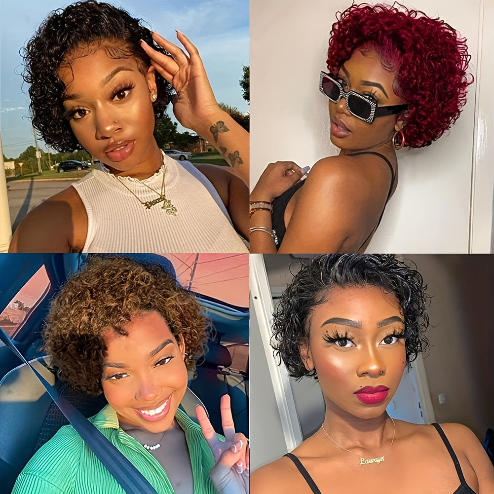 Pixie Cut Wig Short Curly Lace Front Human Hair Wigs for  Women Brazilian Water Wave 13x1 Transparent Lace Wigs (1B# 99J  T1B/99J)