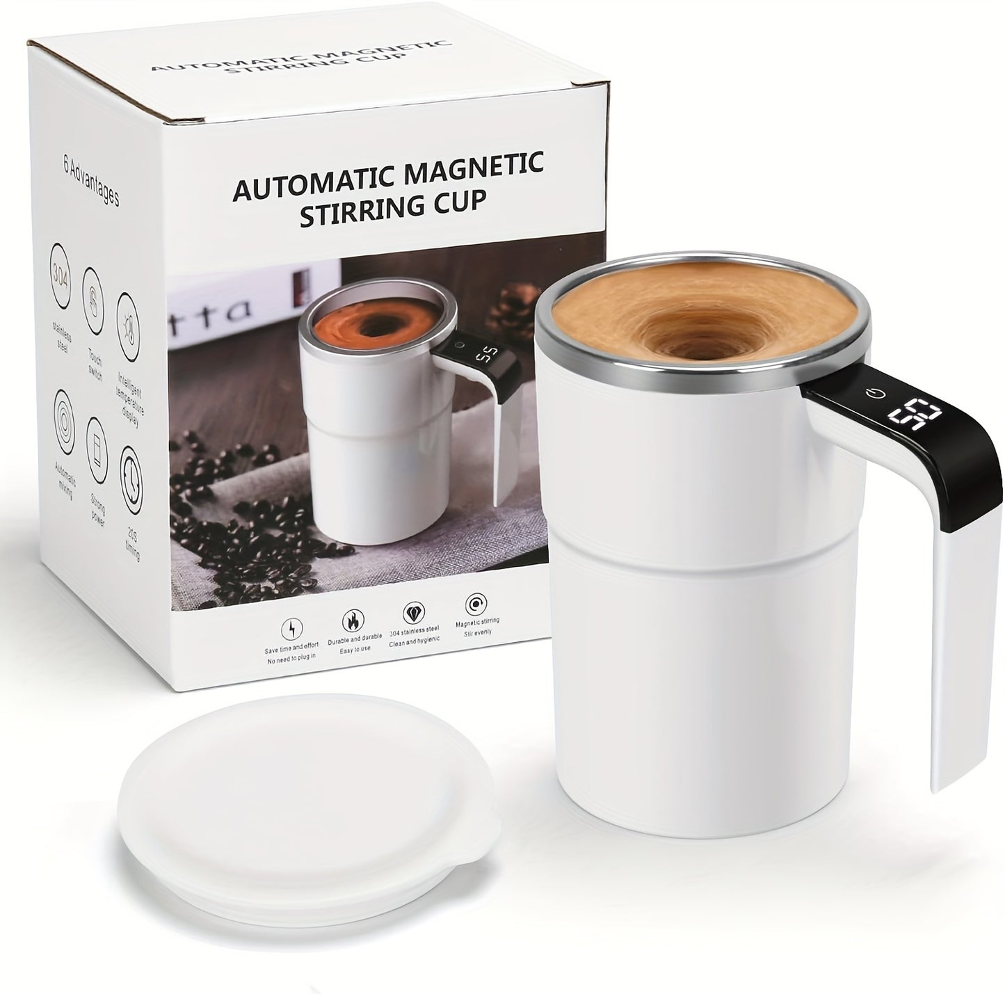 1pc Automatic Stirring Cup, Portable 304 Stainless Steel Coffee Mug with Temperature Display, USB Rechargeable, 155mAh Battery, ABS Material, for Home and Office Use