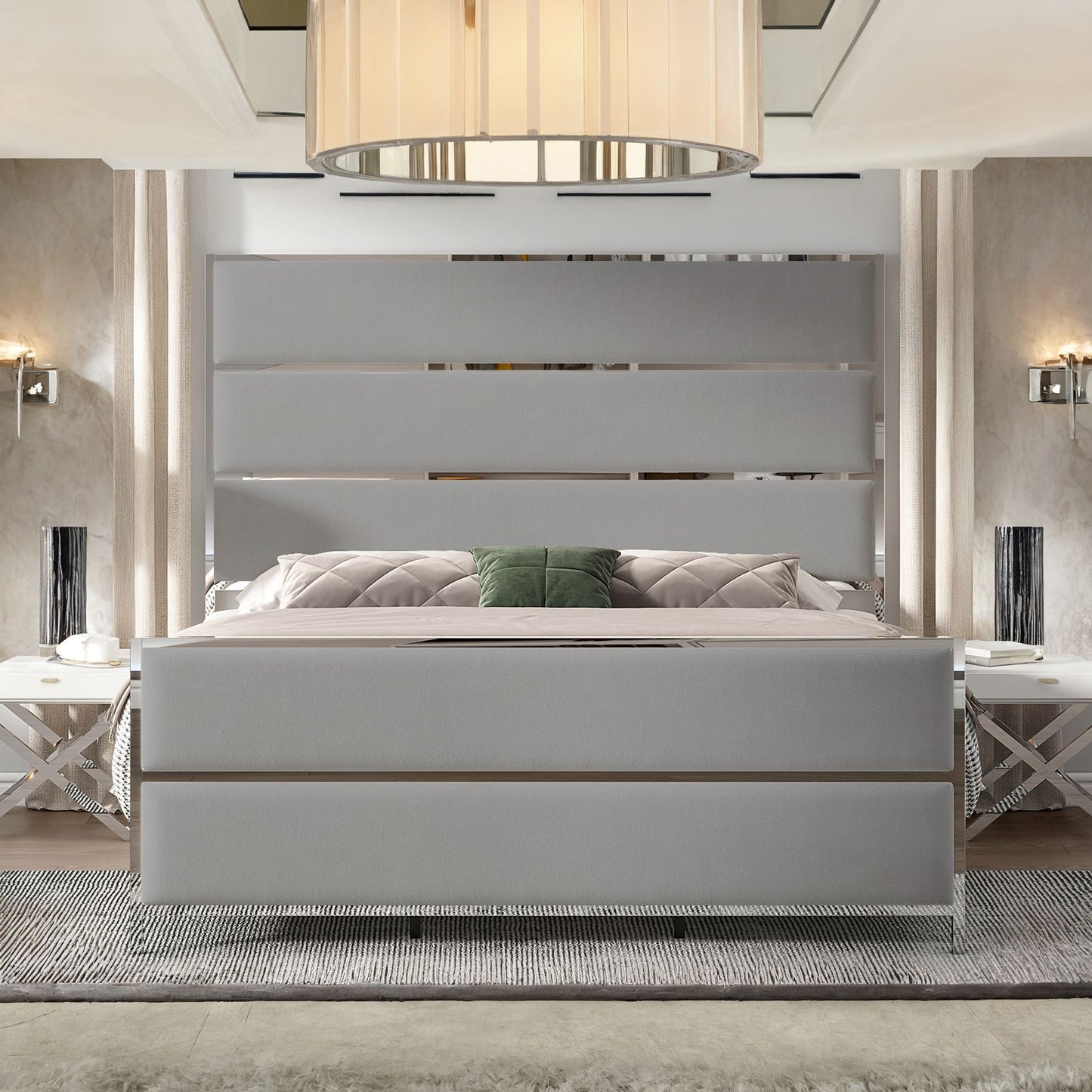 Light Grey The Velvet Upholstered Platform Bed Frame showcases a 59" Tall Headboard and Footboard, decorated with Silver Mirrored Plating - and a Box Spring is not needed