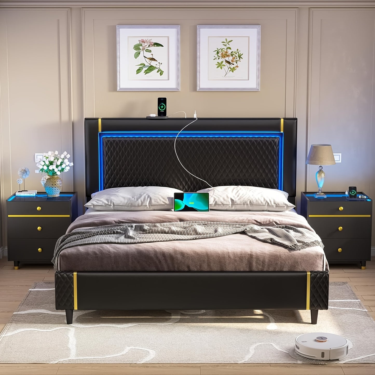 King Size Bed Frame With Tall Headboard PU Leather Platform Bed With LED Lights & Adjustable Headboard Black