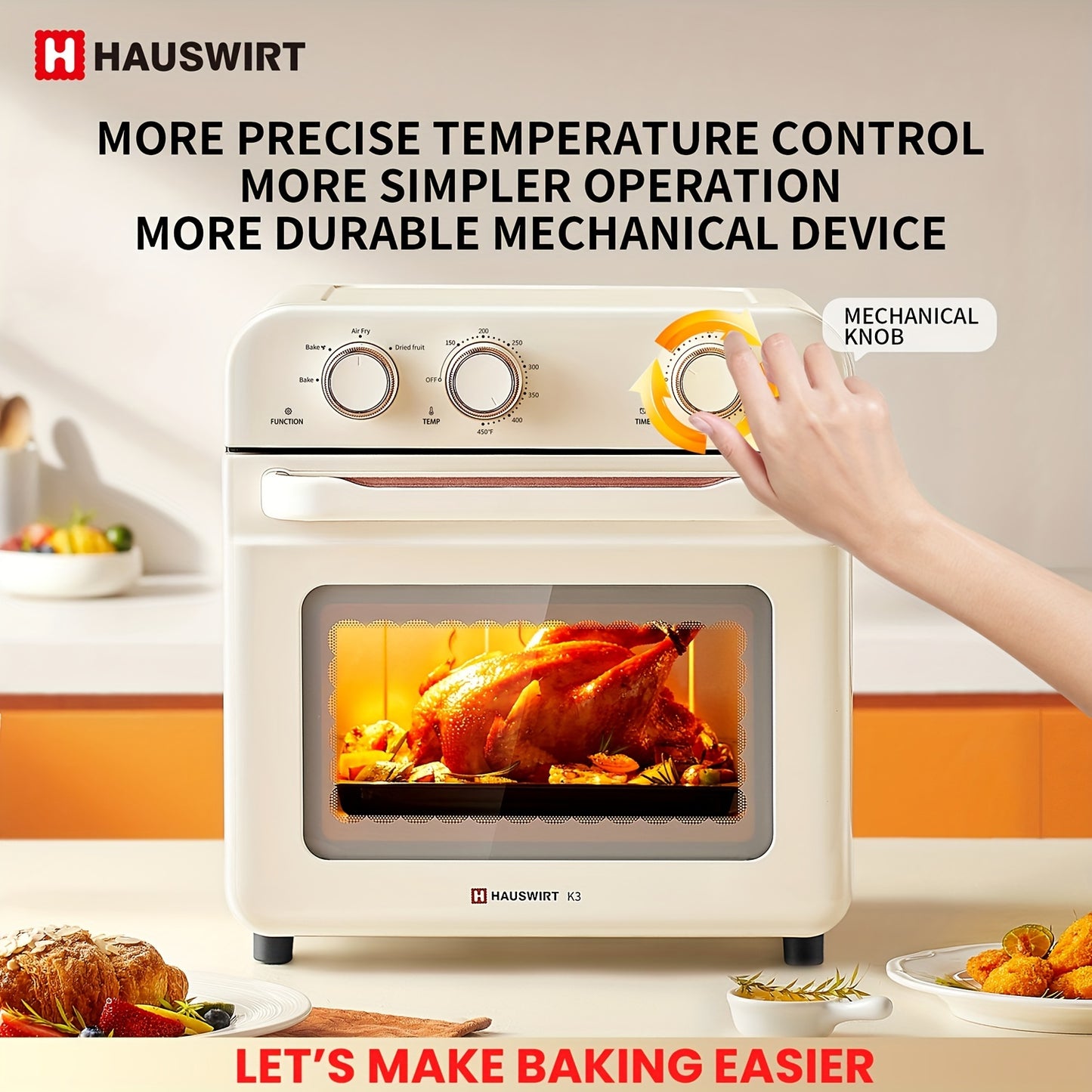 Hauswirt Air Fryer Conventional Oven K3, 6-in-1 Combo, 19L Extra Capacity Air Fryer, Baking And Frying Integrated, 1250 Watts, 150°F - 450°F, Non-Stick, Stainless Steel, Online Recipe Booklet