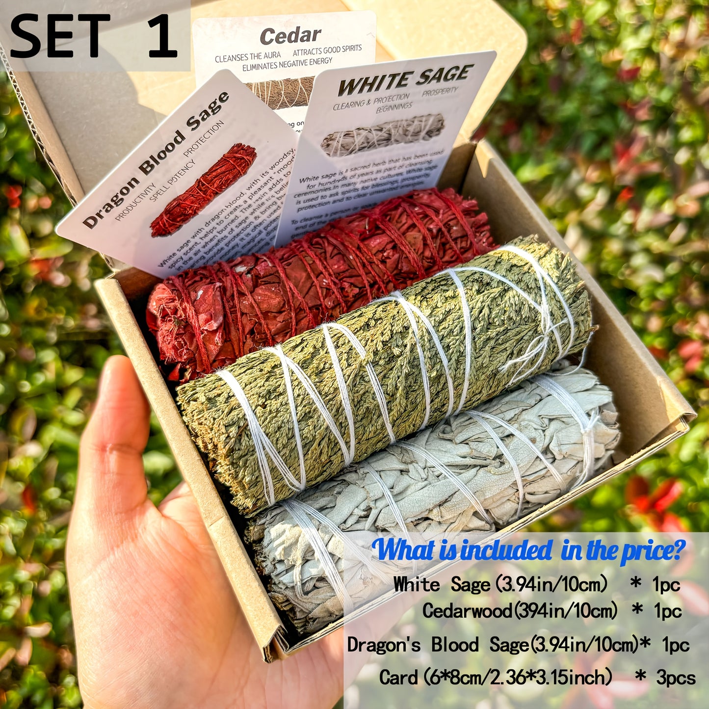 A Set Of Incense Kit - Contains White Sage, Cedarwood, Dragon's Blood Sage, Palo Santo, Abalone Shell, Amethyst Necklace, An Ideal Choice for Gifting