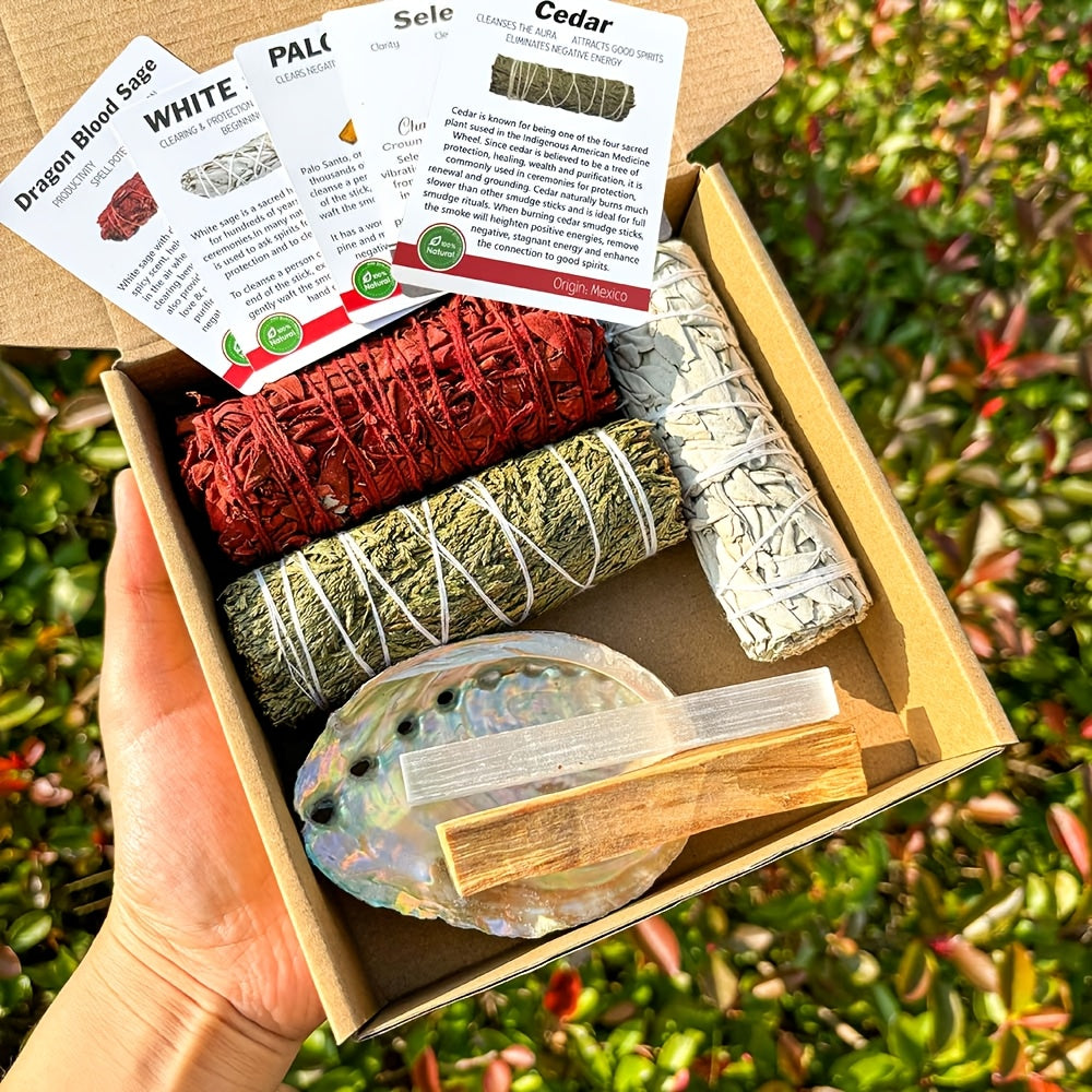 A Set Of Incense Kit - Contains White Sage, Cedarwood, Dragon's Blood Sage, Palo Santo, Abalone Shell, Amethyst Necklace, An Ideal Choice for Gifting