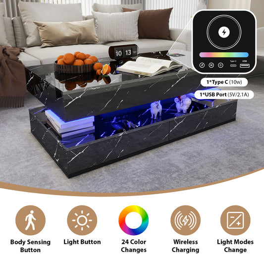 LED Coffee Table with Storage, High Gloss Coffee Table with Wireless Charging and Speaker, High Glossy Modern Center Table with 24 Color LED Lights for Living Room Bedroom