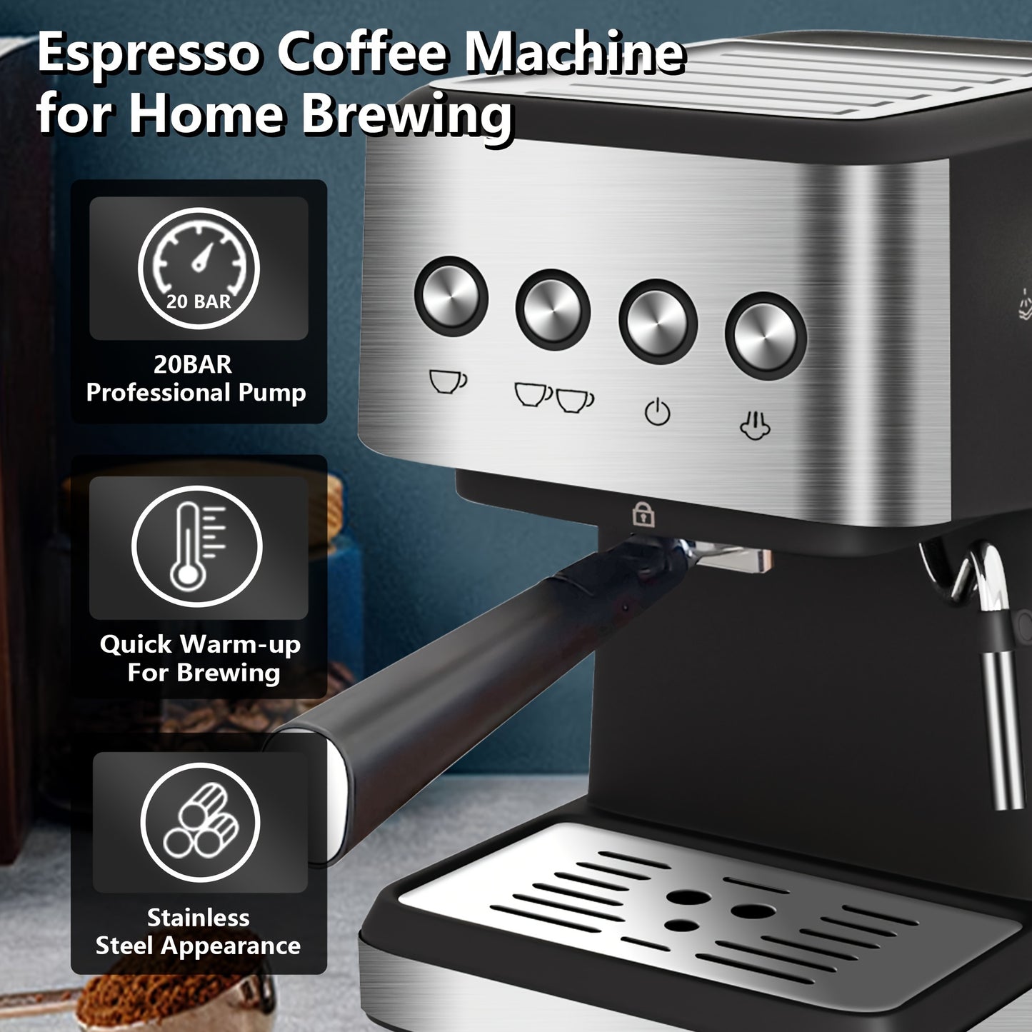 20 Bar Espresso Machine, Stainless Steel Espresso Coffee Machine For Cappuccino, Latte, Automatic Espresso Machine With 1.5L Removable Water Tank, Powerful Steam Wand, Built-In Milk Frother, One-Touch Single Or Double Shot