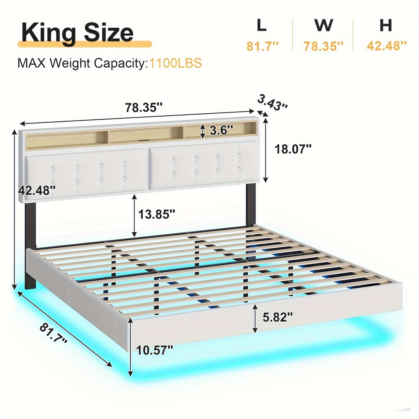 Queen/King Floating Bed Frame With LED Lights&USB Ports, Linen Queen/King Floating Platform Bed With Storage Headboard, No Box Spring Needed, Beige