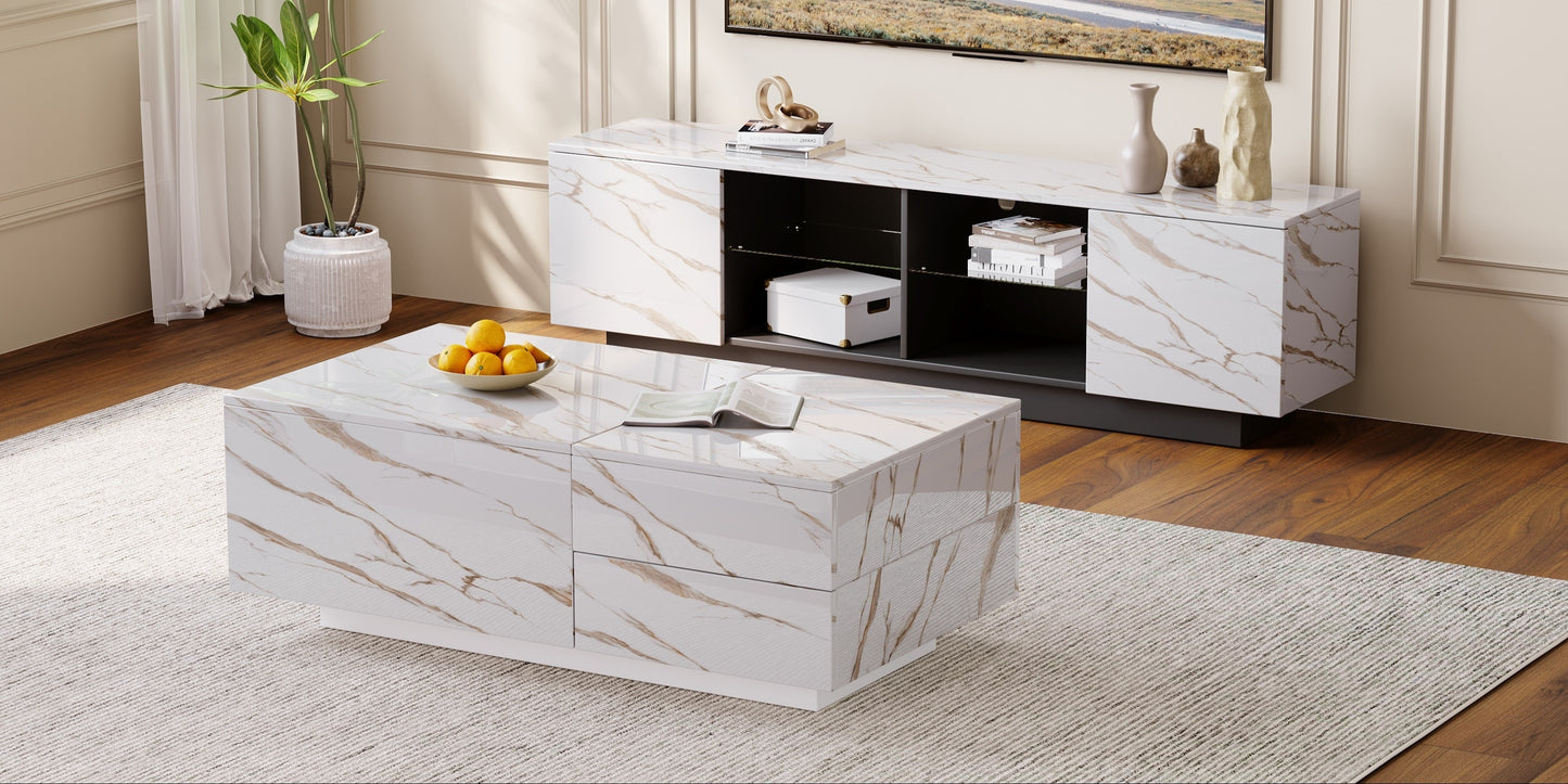 LED Coffee Table, 43" UV High Gloss Modern Center Table With 2 Drawers & Hidden Storage Compartment & Open Compartments, Modern Extendable Cocktail Table (Marble Black Or White)