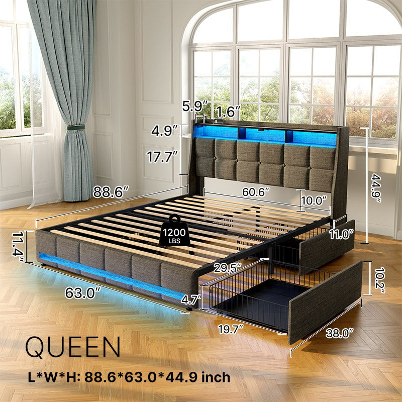 Bed Frame, Storage Headboard with Charging Station & LED Lights Bed Storage Headboard & Drawers, Heavy Duty Wood Slats, Easy Assembly