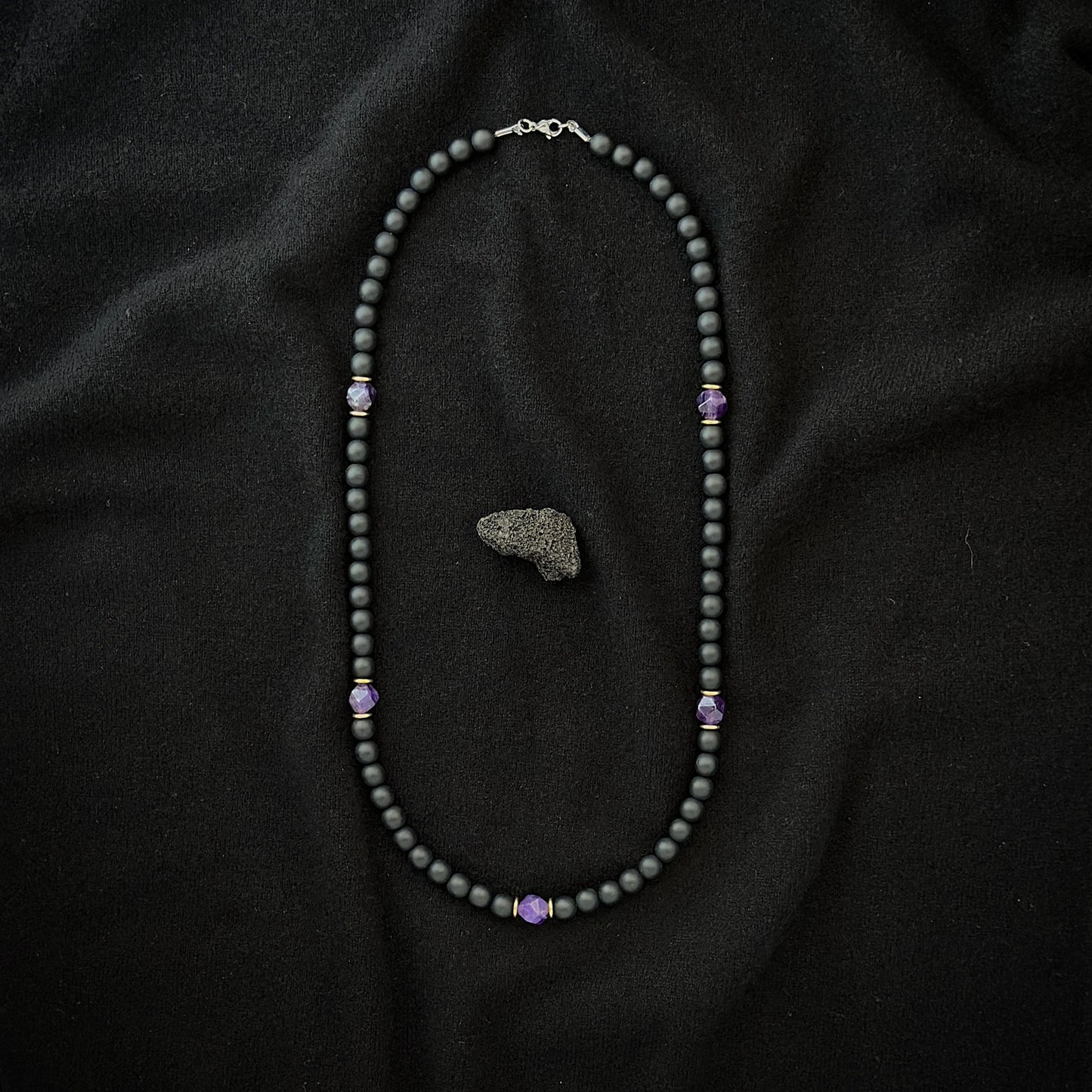 1pc Fashionable Amethyst And Onyx Necklace, Natural Stone String of Beads with Crystal Mosaic, No Pendant, Protection And Balance Men'S Necklace