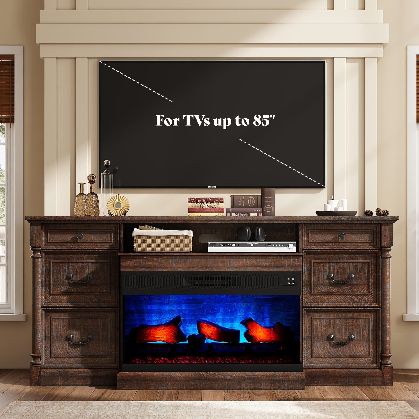 Charming 75" Farmhouse TV Stand with 36" Glass Fireplace - Spacious Entertainment Center with 2 Drawers & Closed Storage, Fits Up to 85" TVs