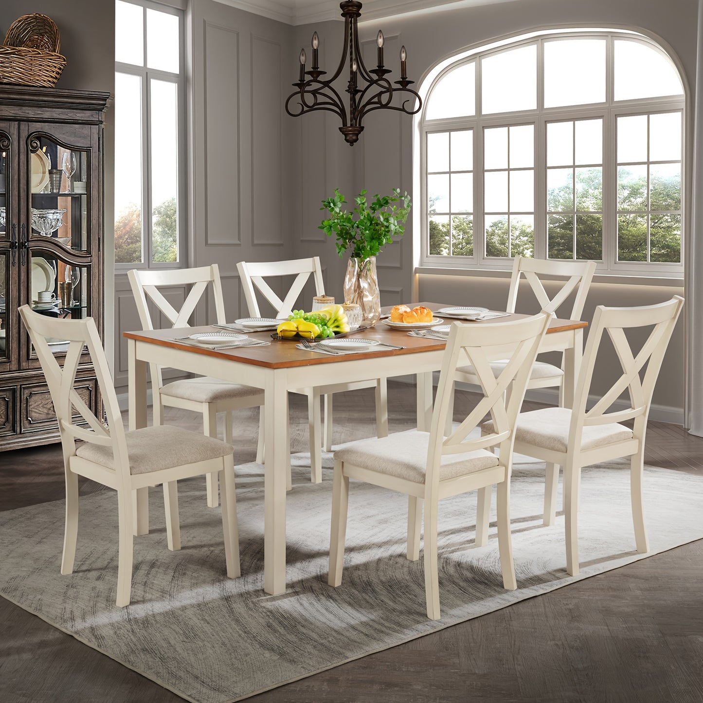 PAPAJET 7pcs Farmhouse Dining Set - 60" Solid Wood Table with 6 Upholstered Chairs, Hardwood Construction, MDF, White Finish, Ideal for Kitchen or Restaurant