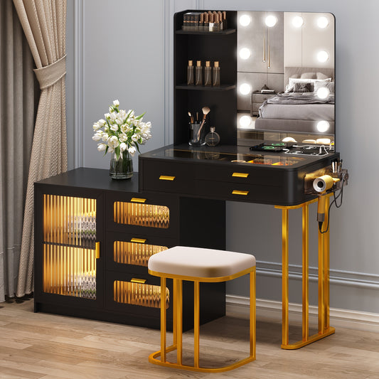 Dystler Vanity Makeup Set With Mirror Lights: Black Dressing Table With 6 Drawers/Large Storage - Vanity Makeup Table With 3 Colors Adjustable Lighting Brightness & Charging Station For Girls/Women Storage Drawer Units