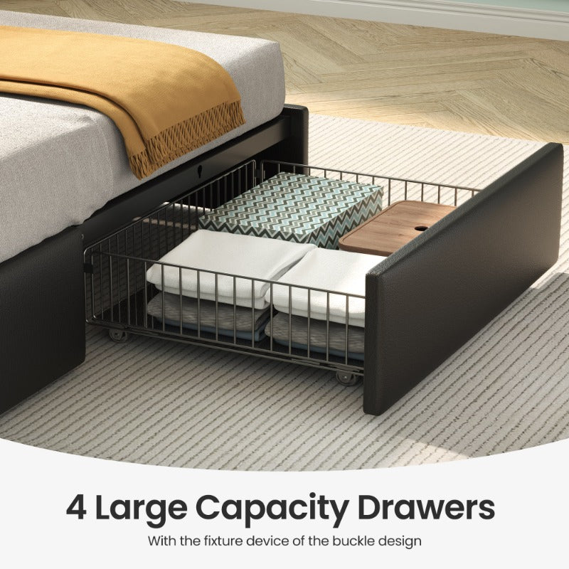 Bed Frame, Storage Headboard with Charging Station & LED Lights Bed Storage Headboard & Drawers, Heavy Duty Wood Slats, Easy Assembly