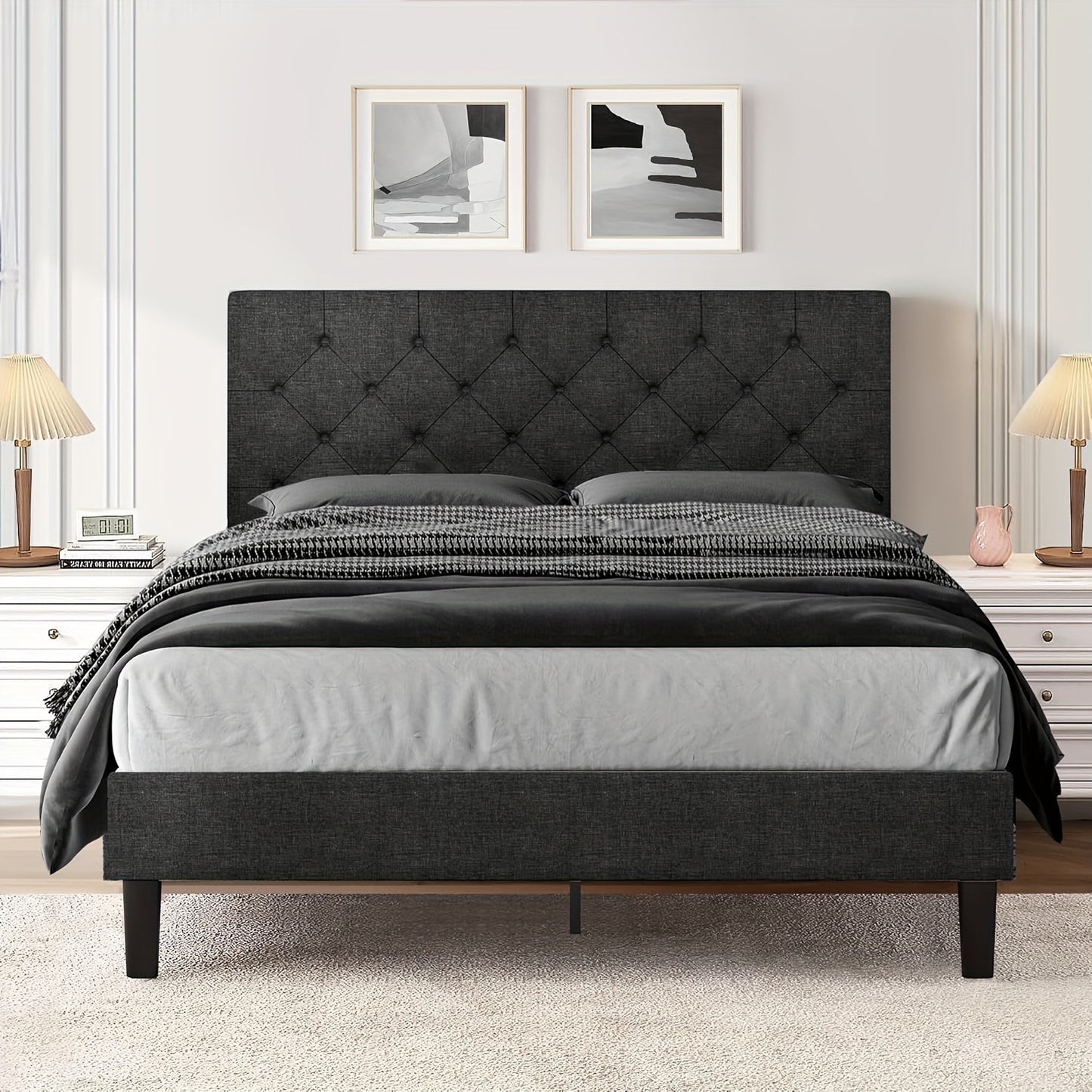 Elegant Grey Linen Upholstered Bed Frame with Tufted Headboard - Solid Wood Platform Bed with Sturdy Slats Support, Easy Assembly, No Box Spring Needed, Perfect for Modern Decor, Bed Accessories, HOMBCK