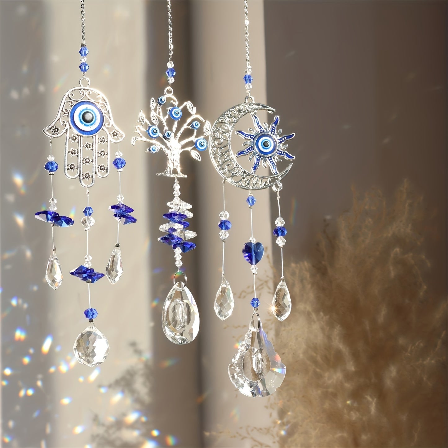 3 Handmade Evil Eye Crystal Sun Catchers, Suitable For Home And Garden Decoration - Resist Negative Energy And Bring Good Luck