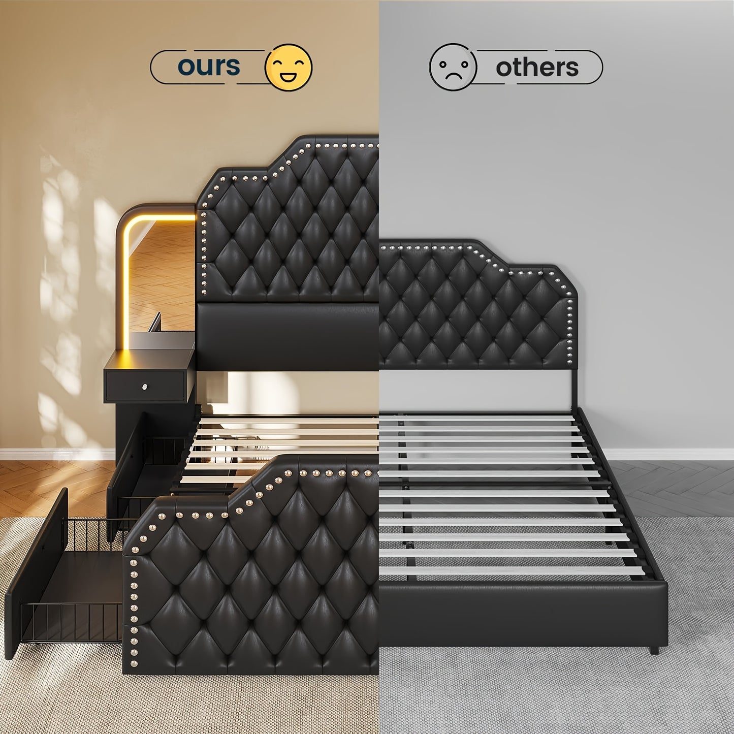 Queen Size Bed Frame with Headboard and 4 Storage Drawers, Modern Platform Bed Frame with 2 Mirrored Bedside Tables