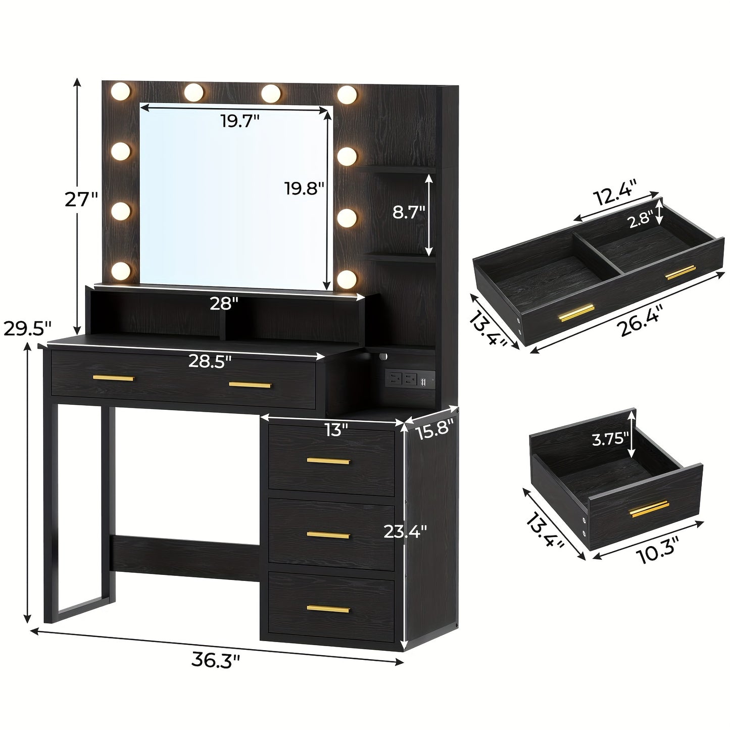 Makeup Vanity With Lights, Black Vanity Desk With Mirror & 3 Lighting Modes, Vanity Table With USB Ports And Outlets, Makeup Table With Nightstand & Storage Shelves & Drawers (Modern Black)