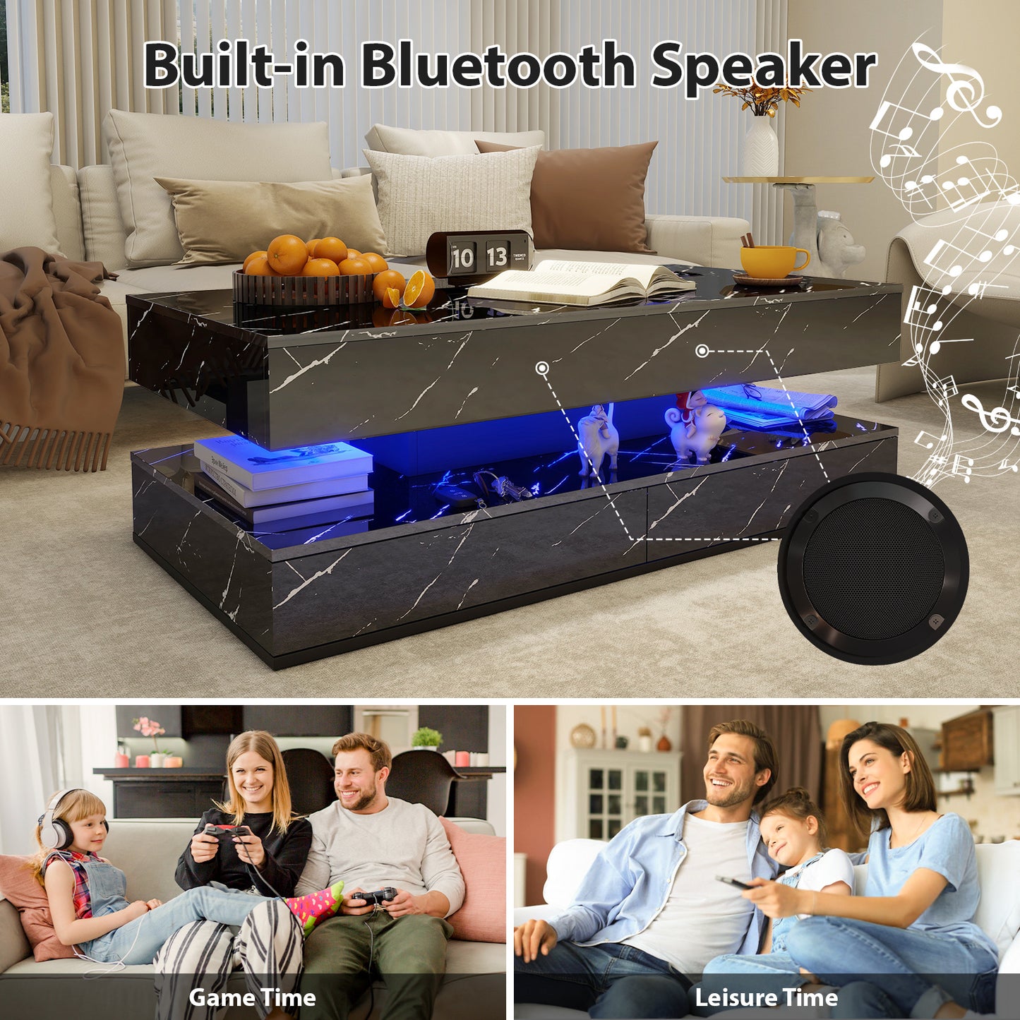 LED Coffee Table with Storage, High Gloss Coffee Table with Wireless Charging and Speaker, High Glossy Modern Center Table with 24 Color LED Lights for Living Room Bedroom