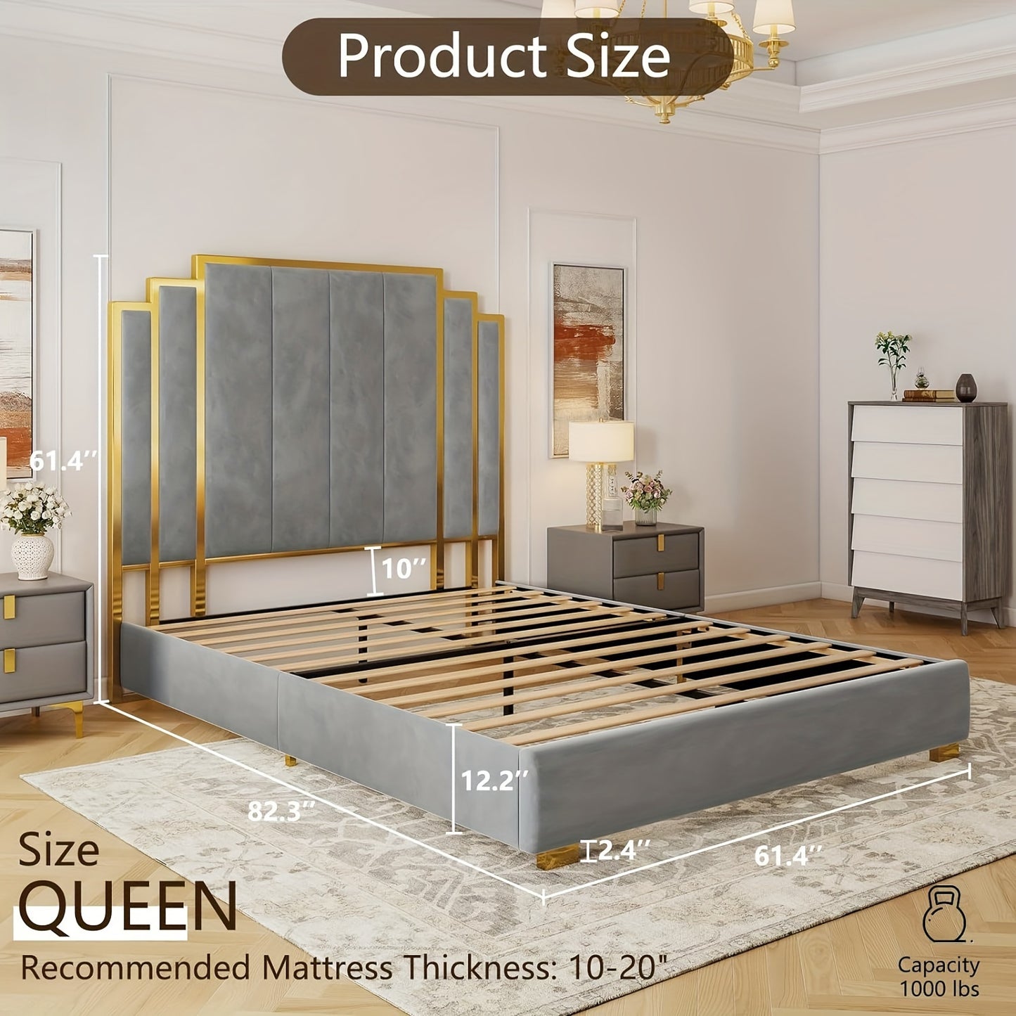 Queen Modern Upholstered Bed Frame with 61-Inch Headboard and Gold Plating Trim, No Box Spring Required Grey