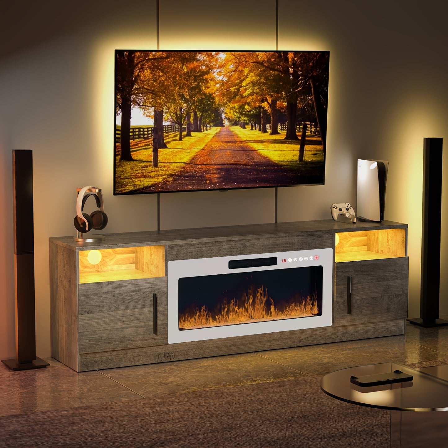 Modern LED Fireplace TV Stand, 36" Electric Fireplace Entertainment Center with Storage Shelves, Metal and Wood Construction, Assembly Required, Fits Up to 80" TVs - White