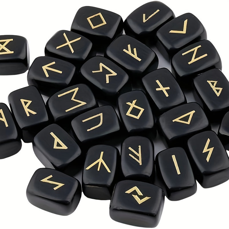 A Set of Natural Black Crystal Futhark Viking Rune Stones, Carved with Letters for Norwegian Witchcraft, Featuring Irregular Shapes, Totaling 25pcs.