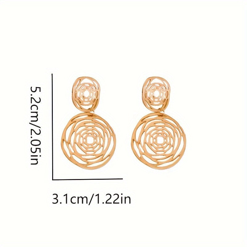 Elegant Middle Eastern Style Round Hollow-Out Earrings, Luxurious Alloy with 925 Silvery Posts for Daily Wear and Parties