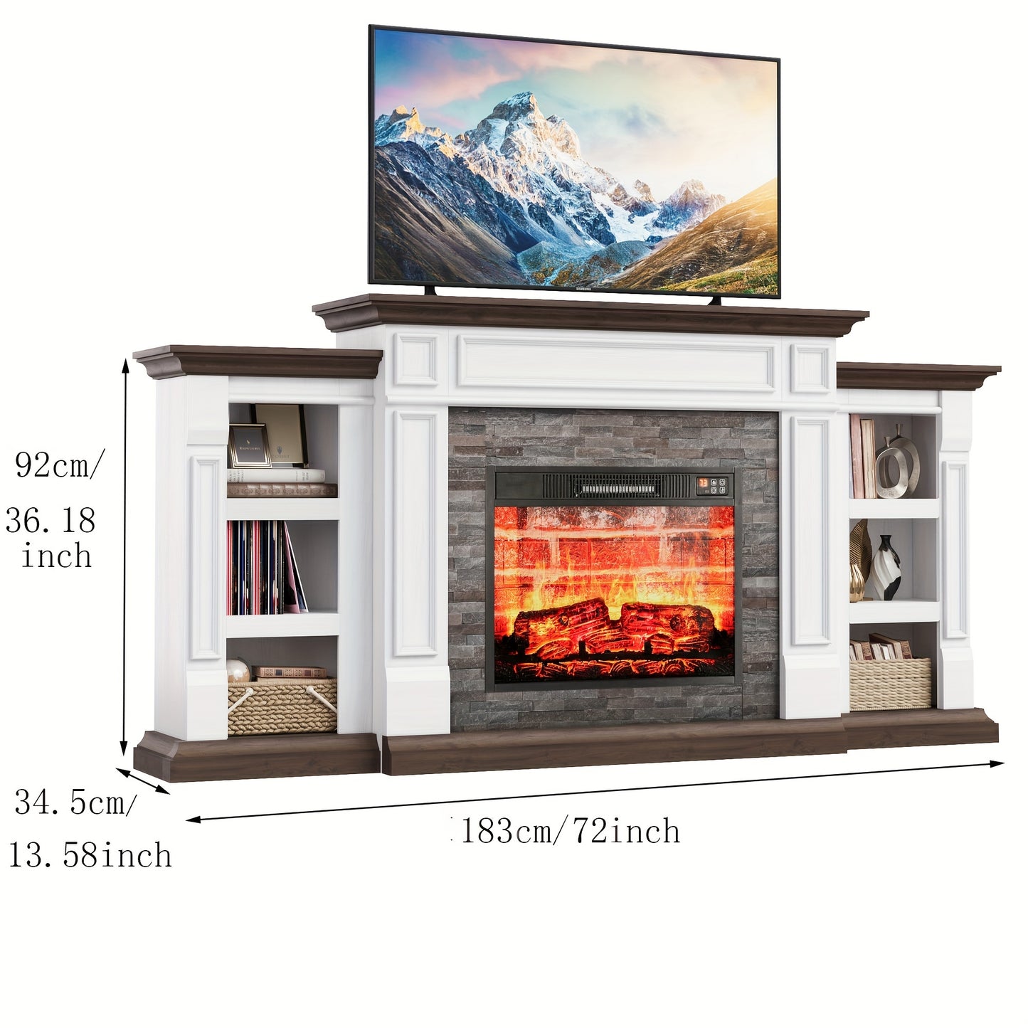 72" Electric Fireplace With Mantel, Fireplace TV Stand For TVs Up To 80 Inch, 1400W, Freestanding, Remote Control, Timer, Realistic Log And Flame Effect, Adjustable Temperature & Brightness For Home Bedroom Living Room Indoor