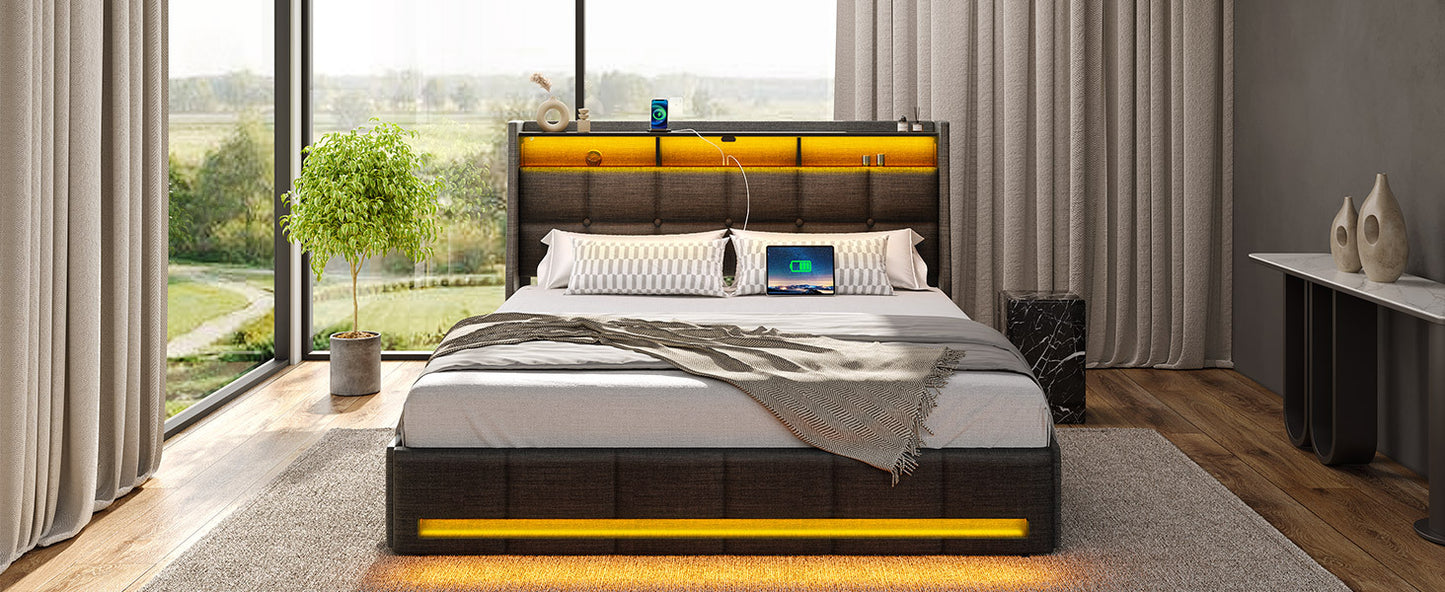 Bed Frame, Storage Headboard with Charging Station & LED Lights Bed Storage Headboard & Drawers, Heavy Duty Wood Slats, Easy Assembly