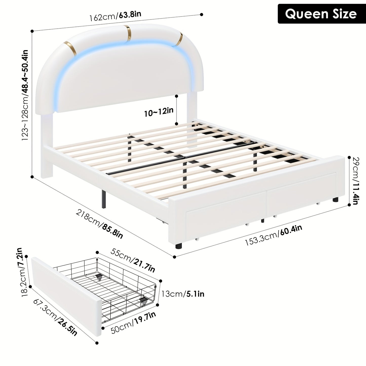 FULTRU LED Bed Frame with 2 Storage Drawers, Modern Smart Faux Leather Upholstered Platform Bed Frame with Adjustable Semicircle Headboard