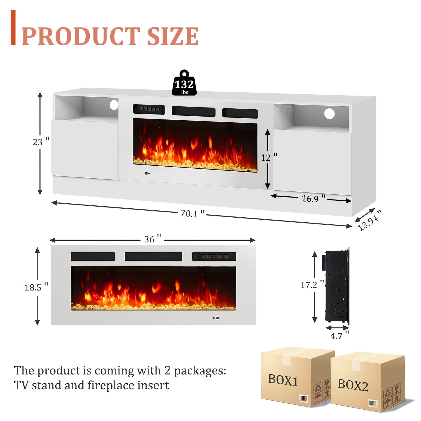 Modern 70" TV Stand with 36" Electric Fireplace, LED Lighting & Storage - Fits Up to 80" TVs, White