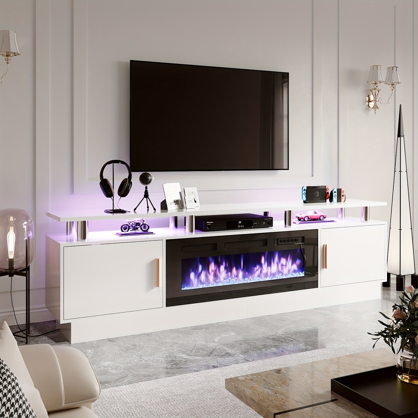 70"/80" Modern Electric Fireplace TV Stand For TVs Up To 80 Inch, With Electronic Flame And LED Lights, Luxury High Gloss Finish Entertainment Center For Living Room, White