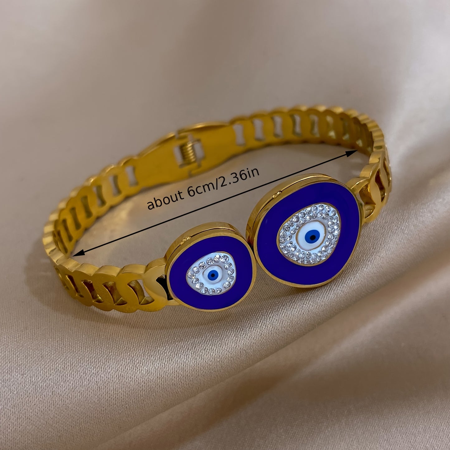 Stainless Steel Gold-Plated Evil Eye Cuff Bracelet - Punk Style Double Blue Eye Design - For Women - Perfect for Weddings, Anniversaries, Birthdays & More - Ideal Gift for Fashion Lovers