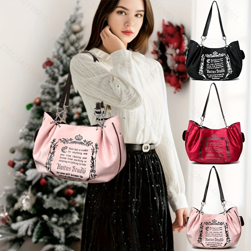 Vintage Gothic Letter Print Velvet Chain Shoulder Bag, Fashionable Soft Suede Large Capacity Messenger Tote, European Pattern, Honey Girl Style Canvas Lining, with Detachable Strap, Magnetic Closure, for Guangzhou