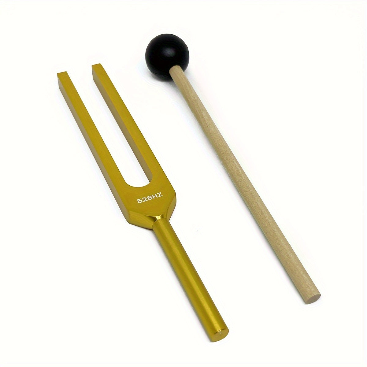 Golden color 528Hz Chakra Tuning Fork Brain Body Sound Forks Solfeggio Frequencies with Silicone Hammer Cleaning Cloth relaxing ambient sounds to align with the frequency of Love