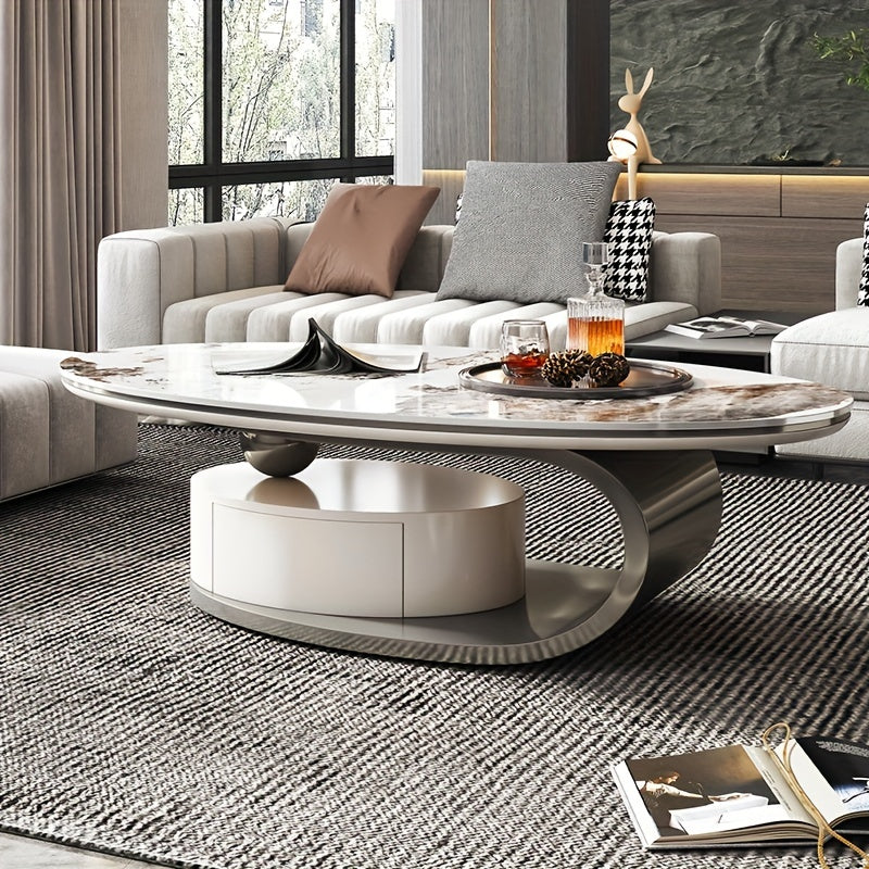 Luxury Modern Oval Coffee Table, High And Low Design, Metal And Faux Marble With Drawer