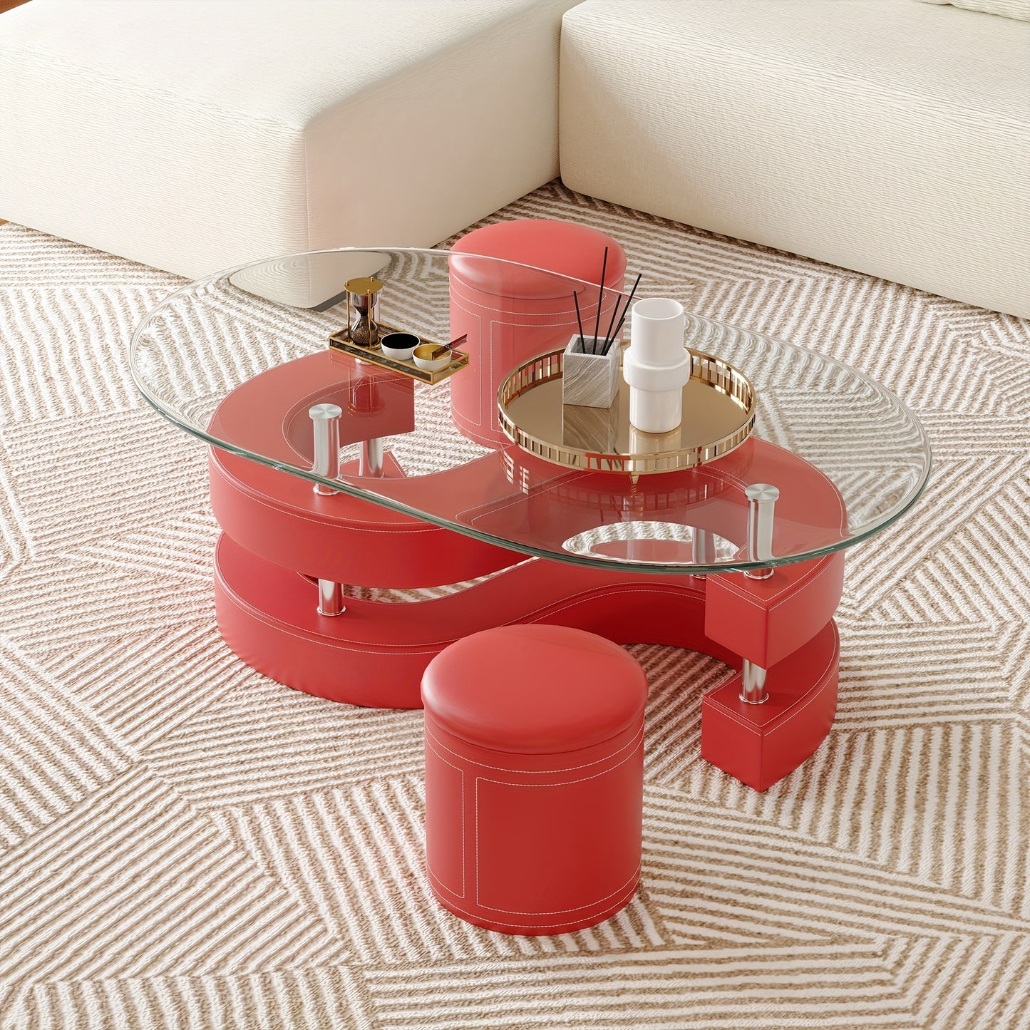 Modern Glass Coffee Table Set Of Three, Including 0.39-inch Thick Oval Coffee Table And 2 Leather Stools, S-shaped Design Living Room Center Table, Maximum Load-bearing Capacity 220 Pounds, Suitable For Living Room, Bedroom,