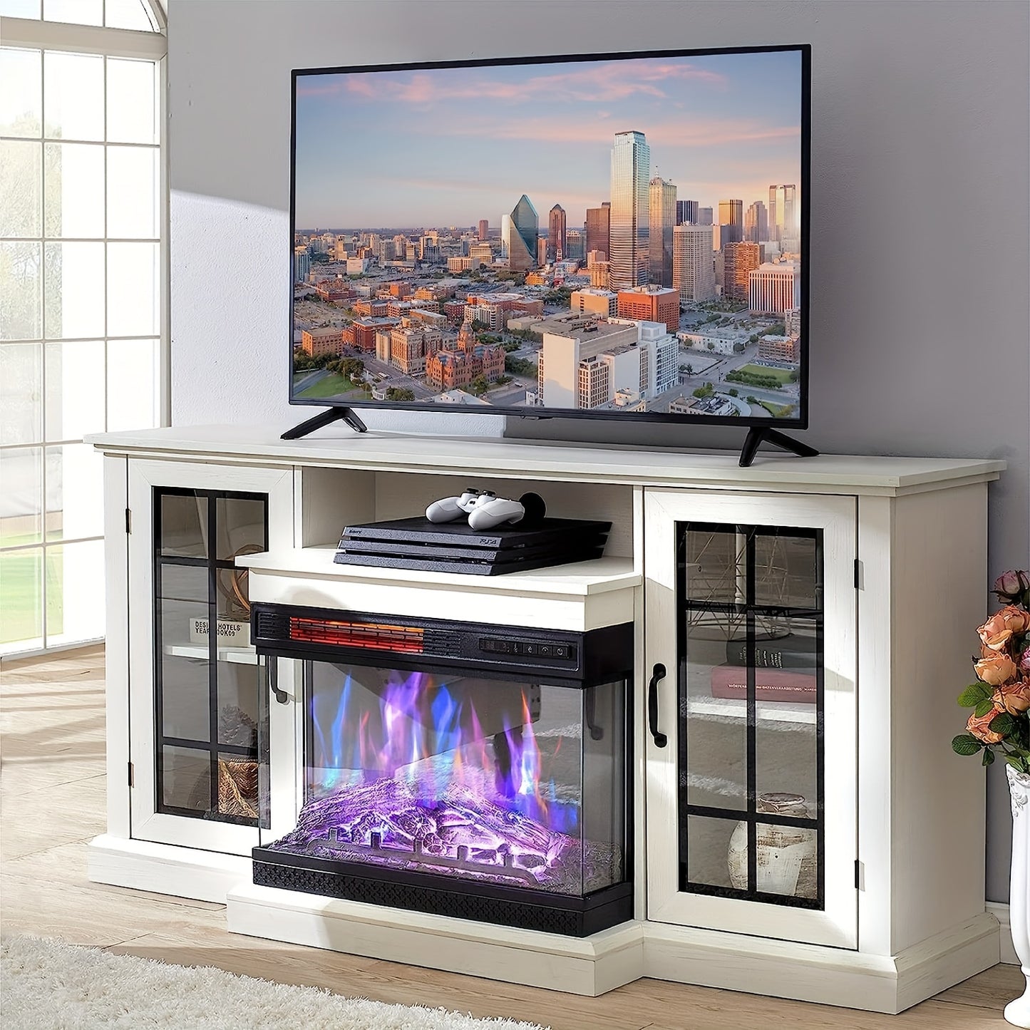 1pc Electric 3-Sided Glass Fireplace TV Stand For TVs Up To 65'', With 12 Color Options, Wood Media Entertainment Center Console Table With Doors And Closed Storage - Home Living Room Furniture