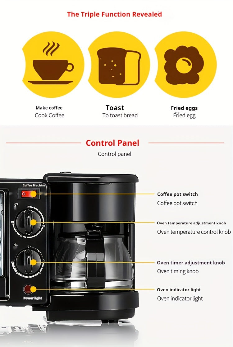 Versatile 3-in-1 Breakfast Maker Station with Coffee Machine, Non-Stick Pan & 30-Min Timer - BPA-Free Alloy Steel, 640W, US Plug - Ideal for Quick Meals like Omelettes, Waffles, Bagels & More - Perfect for Apartment Kitchens,