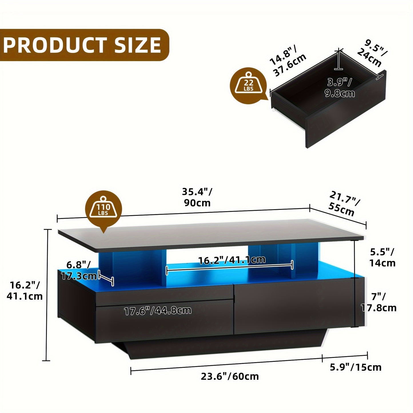 Xelsyo Modern LED Coffee Table with RGB Light System, 20 Colors & 4 Modes, High Gloss Finish, Double-Layer Storage & 4 Drawers, Suitable for Office, Living Room, 21.7"D X 35.4"W X 16.2"H