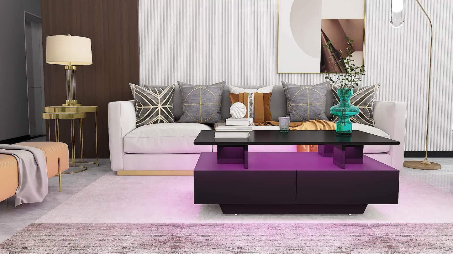 Xelsyo Modern LED Coffee Table with RGB Light System, 20 Colors & 4 Modes, High Gloss Finish, Double-Layer Storage & 4 Drawers, Suitable for Office, Living Room, 21.7"D X 35.4"W X 16.2"H