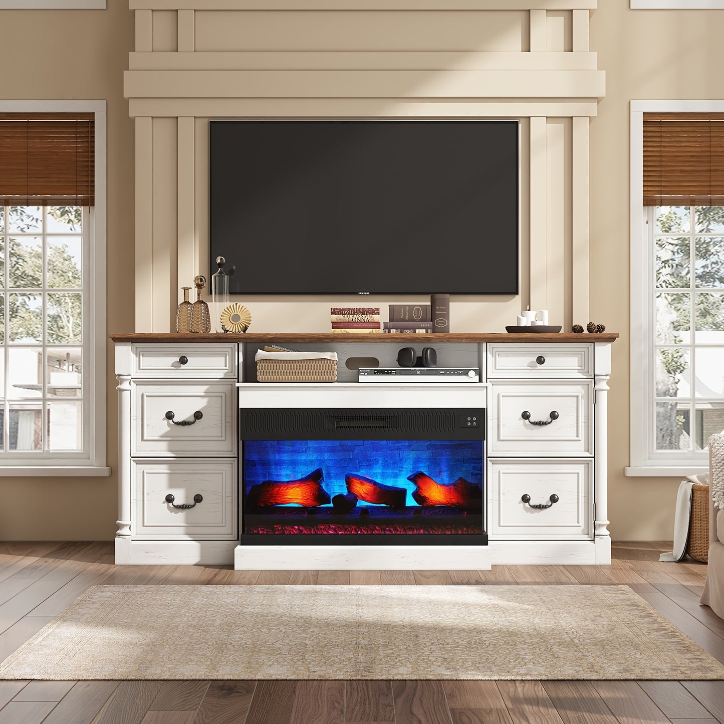 Charming 75" Farmhouse TV Stand with 36" Glass Fireplace - Spacious Entertainment Center with 2 Drawers & Closed Storage, Fits Up to 85" TVs