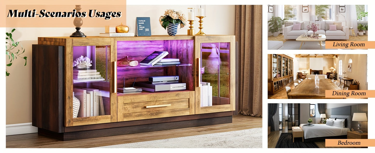 "60"" Thickened TV Stand with LED Lights, Media Entertainment Center with Glass Doors & Adjustable Shelves, Modern Storage Cabinet, TV Console for Living Room for TVs up to 65"", Barnwood&Brown -  Modern & Stylish Design -  D