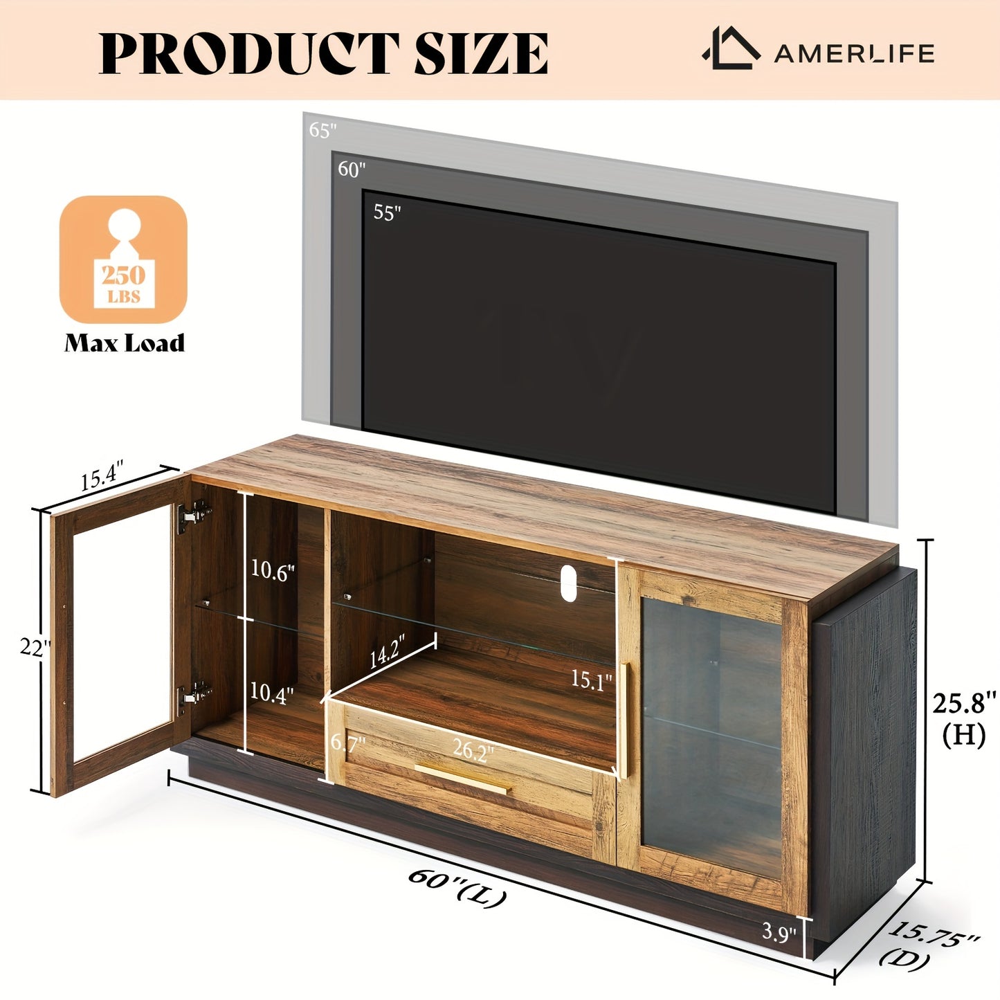 "60"" Thickened TV Stand with LED Lights, Media Entertainment Center with Glass Doors & Adjustable Shelves, Modern Storage Cabinet, TV Console for Living Room for TVs up to 65"", Barnwood&Brown -  Modern & Stylish Design -  D