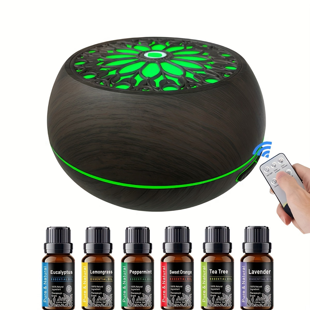 18.6oz Aromatherapy Essential Oil Diffuser Wood Grain Remote Control Ultrasonic Air Humidifier Cool 7 Color LED Light With 6 Oils