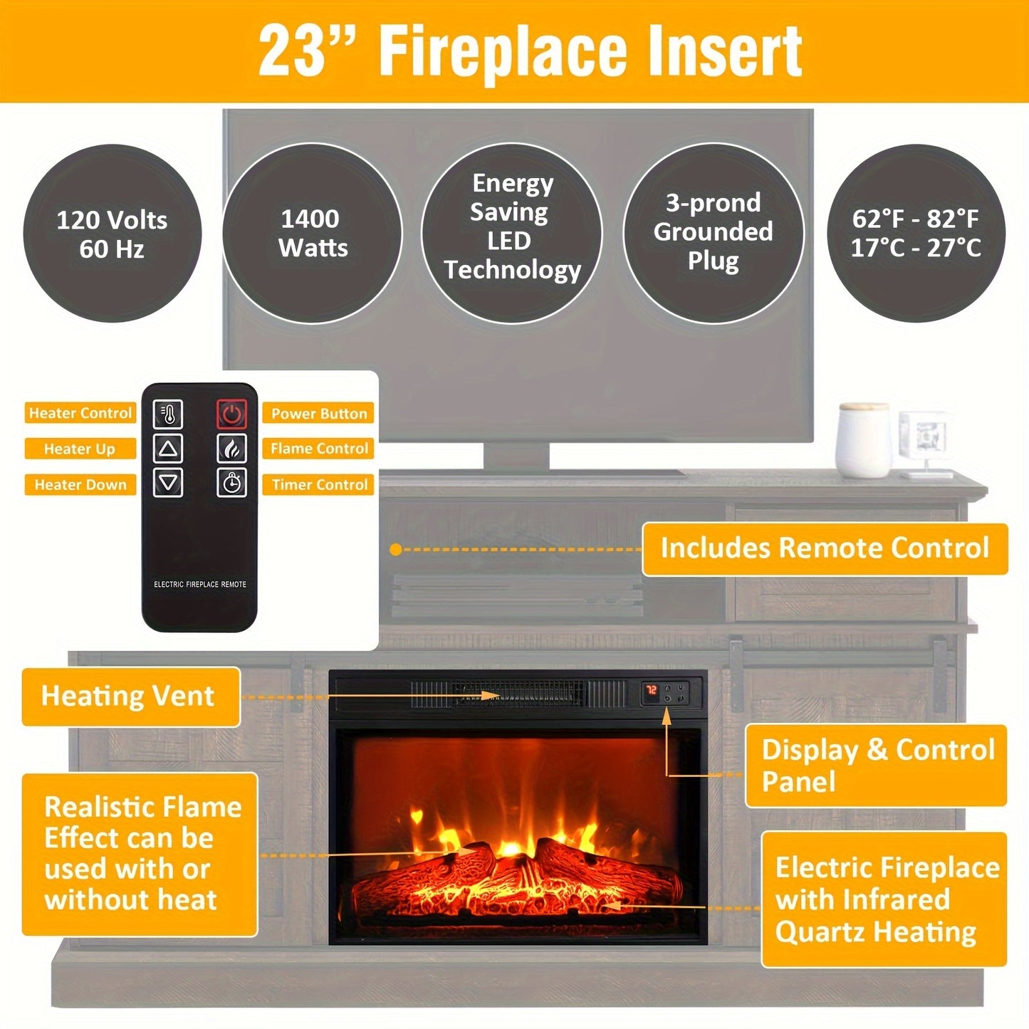 72" Electric Fireplace With Mantel, Fireplace TV Stand For TVs Up To 80 Inch, 1400W, Freestanding, Remote Control, Timer, Realistic Log And Flame Effect, Adjustable Temperature & Brightness For Home Bedroom Living Room Indoor